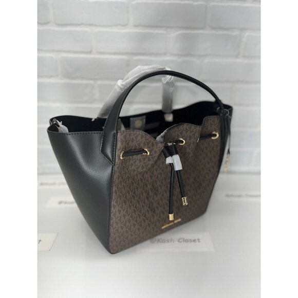 Michael Kors bucket phoebe tote bag large two tone MK signature Brown Black - Picture 2 of 10